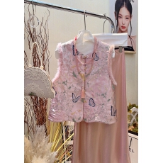 批发高级感新中式水貂毛刺绣马甲女搭配两件套装国风秋冬年轻夹棉加厚