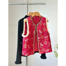 批发红色新中式水貂毛马甲女外穿夹棉背心减龄洋气新年拜年服国风宋锦