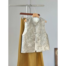 批发新中式灰色钉珠绣花立领马甲女年轻款显白外穿高级感减龄无袖坎肩