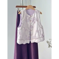 批发紫色高级感新中式醋酸刺绣马甲女年轻款无袖外搭国风坎肩减龄背心