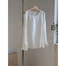 批发新中式重工钉珠袖口天丝衬衫女2026春夏薄宽松长袖打底衫内搭上衣