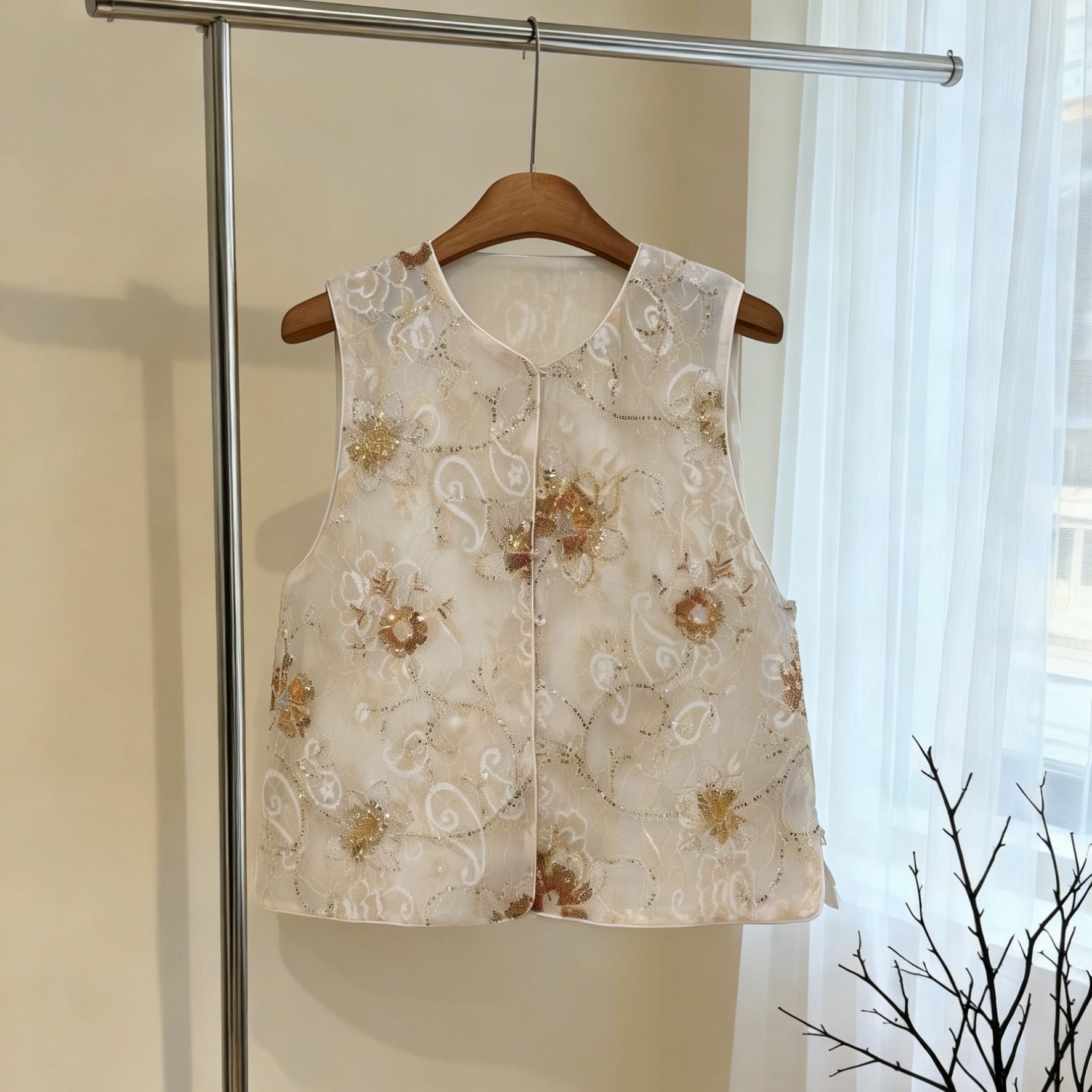 실사 새로운 중식 무거운 작업 스팽글 자수 조끼 여자 2026 봄 패션 라운드 넥 단추 다용도 스택 착용 조끼