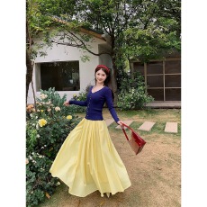 批发初晴独立法式艺术鹅黄色高腰A字大摆半身<b class='q'>裙</b>女秋收腰在逃公主长<b class='q'>裙</b>