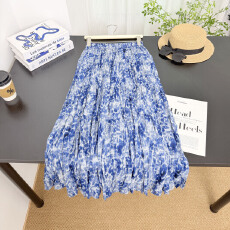 批发实拍蓝色百褶半身裙女2026夏季新款松紧腰显瘦大摆百搭a字长裙