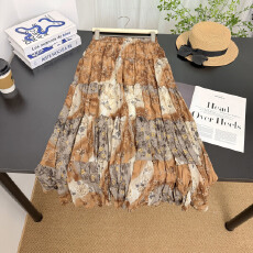 批发实拍口袋碎花a字半身裙春秋女长裙褶皱蛋糕裙垂坠大摆中长款