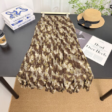 批发实拍 复古撞色印花百褶半身裙女高腰显瘦A字长裙松紧腰压皱<b class='q'>大摆裙</b>