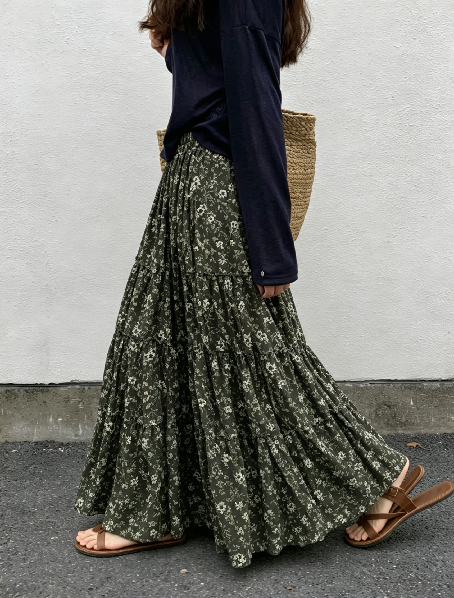 실사 한국 스타일 전원 바람 꽃무늬 밴딩 하이웨이스트 반신 스커트 26 여름 새로운 슬림해 보이는 다용도 중간 길이 A라인 스커트
