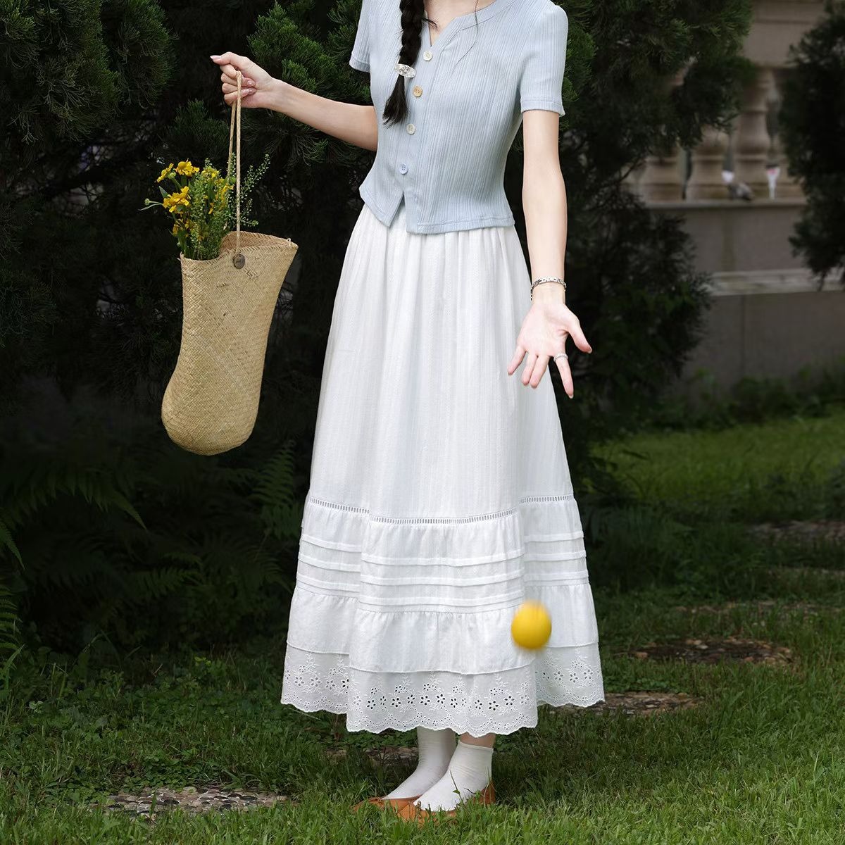 느긋한 시간 화이트 롱 코트 케이크 반신 스커트 여성 이른 봄 작은 키 반신 롱 스커트 한 마디