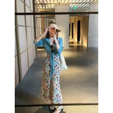 批发防晒蓝色开衫+吊带连衣裙套装女2026夏季新款简约气质两件套长裙