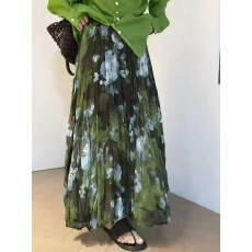 批发莫兰迪水墨绿色碎花<b class='q'>半身裙</b>女夏季显瘦百搭垂感褶皱大摆a字长裙子