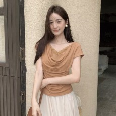 批发十三行2026夏季新款韩版气质荡领拼接蕾丝褶皱收腰显瘦短袖<b class='q'>小衫</b>女