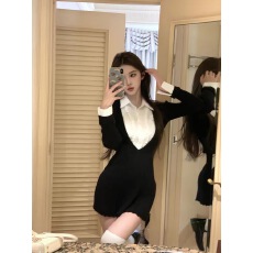 批发JMSHOP 纽约艺高 针织<b class='q'>连衣裙</b>女内搭裙<b class='q'>假两件</b>拼接衬衫领裙子百褶裙