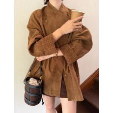 批发秋季新款美拉德翻领<b class='q'>韩版</b>宽松风衣中长收腰编织袖麂皮<b class='q'>外套</b>