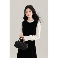 批发实拍气质赫本风法式<b class='q'>连衣裙</b>女秋冬气质<b class='q'>拼接</b>假两件丝绒黑色长裙