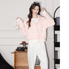 批发实拍粉色条纹连帽长袖<b class='q'>卫衣</b>外套女秋季新款学院风百搭上衣