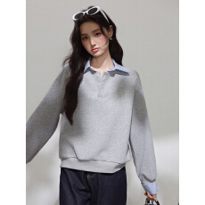 批发实拍韩系复古撞色两件拼接<b class='q'>套头卫衣</b>女秋新款宽松显瘦上衣