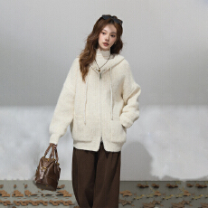 批发实拍韩版双口袋连帽毛衣外套女秋冬新款气质显瘦针织开衫