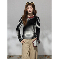 批发实拍设计感圆领黑白条纹长袖t恤女秋冬新款内搭打底衫上衣