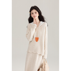 批发实拍气穿搭套装蕾丝拼接连帽针织上衣女春秋新款显瘦两件套