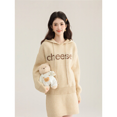 批发实拍秋季新款连帽针织毛衣字母图案长袖上衣<b class='q'>半身裙</b>两件套