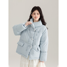 实拍棉服女2025年新款冬季加厚蓝色外套超好看牛角扣棉衣