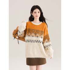 实拍复古新款百搭显瘦休闲毛衣女秋冬提花撞色针织衫上衣