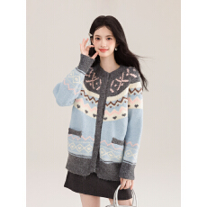 实拍秋冬费尔岛复古毛衣外套女加厚针织开衫慵懒宽松上衣潮