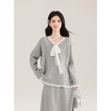 实拍法式蕾丝V领灰色毛衣半身裙两件套冬季女慵懒高级套装