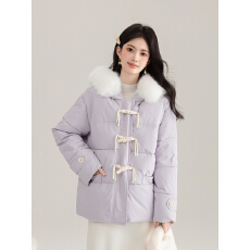 实拍紫色牛角扣大毛领连帽长袖棉服女冬季新款宽松保暖外套款