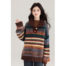批发实拍复古彩色大翻领套头毛衣女秋冬加厚保暖针织衫上衣