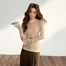 批发实拍 圆领假两件针织上衣女秋冬新款气质<b class='q'>修身</b>显瘦内搭打底衫