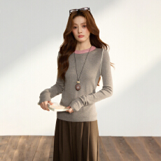 批发实拍韩系撞色圆领针织打底长袖上衣女早秋2025新内搭正肩T恤