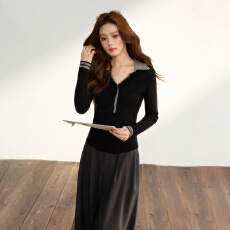 批发实拍韩系翻领黑色毛衣女冬2025<b class='q'>新款</b>慵懒风内搭打底衫上衣