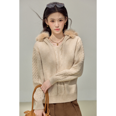 批发实拍设计感拼接毛领连帽针织外套女秋冬季<b class='q'>短款</b>修身显瘦<b class='q'>毛衣</b>