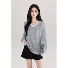 批发实拍复古咖色V领针织衫女2025秋冬新款拼接蕾丝宽松软糯毛衣