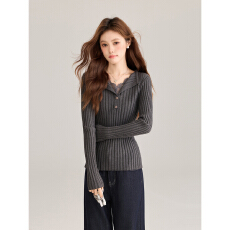 批发实拍灰色假两件蕾丝<b class='q'>针织衫</b>女秋冬季内搭<b class='q'>打底衫</b>毛衣修身上衣