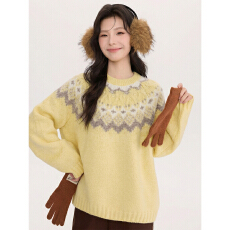 批发实拍复古费尔岛提花黄色毛衣女<b class='q'>冬</b>季内搭软糯保暖慵懒风针织衫上衣