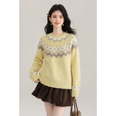 批发实拍复古费尔岛提花黄色毛衣女<b class='q'>冬</b>季内搭软糯保暖慵懒风针织衫上衣