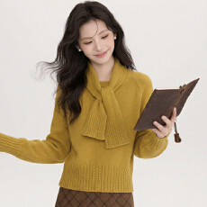 批发实拍韩系设计感<b class='q'>黄色</b>毛衣女冬内搭可外穿软糯慵懒风宽松针织衫上衣