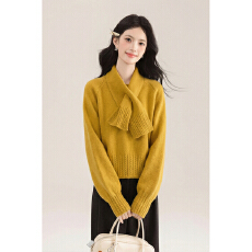 批发实拍韩系设计感<b class='q'>黄色</b>毛衣女冬内搭可外穿软糯慵懒风宽松针织衫上衣