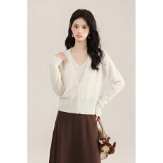 批发实拍韩系穿搭两件套V领杏色针织<b class='q'>开衫</b>女早春慵懒风设计感薄款上衣