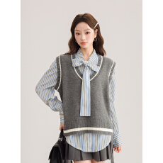 批发实拍蓝色条纹气质衬衣女上衣秋季新款发誓蝴蝶系领长袖衬