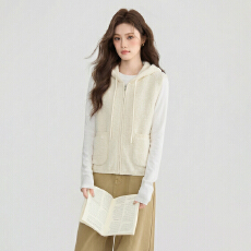 批发实拍韩系连帽叠穿米白色毛衣马甲女冬季无袖背心坎肩外搭针织上衣