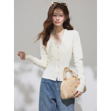 批发实拍蕾丝拼接V领收腰针织开衫上衣女秋<b class='q'>冬</b>新款气质修身显瘦打底衫