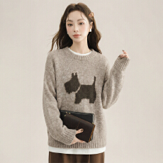 批发实拍卡通小狗图案圆领毛衣女春季新款内搭宽松软糯慵懒针织衫上衣