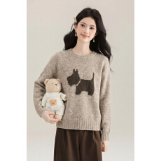 批发实拍卡通小狗图案圆领毛衣女春季新款内搭宽松软糯慵懒针织衫上衣