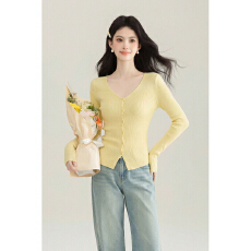 批发实拍韩系<b class='q'>不规则</b>V领黄色针织<b class='q'>开衫</b>女春季新款修身显瘦长袖百搭上衣