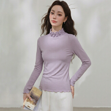 批发实拍韩系半高领紫色<b class='q'>针织衫</b>女春内搭修身显瘦百搭木耳边打底衫上衣