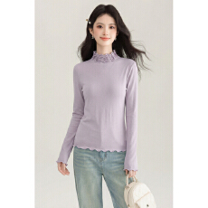 批发实拍韩系半高领紫色<b class='q'>针织衫</b>女春内搭修身显瘦百搭木耳边打底衫上衣
