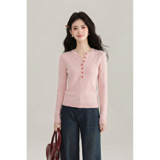 批发实拍韩系粉色针织衫女2026春新款修身显瘦内搭打底衫上衣